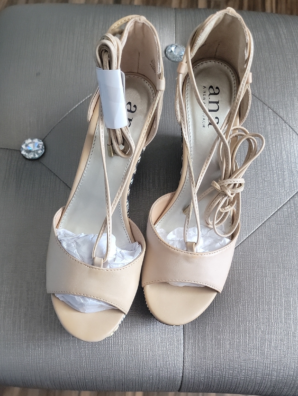 Anne Michelle Lace-Up Peep Toe Heels in Nude